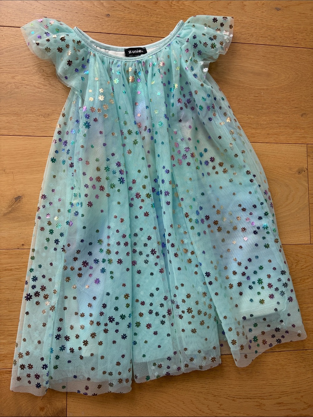 Zunie Aqua Tulle Dress with Multicolor Sequin Flowers